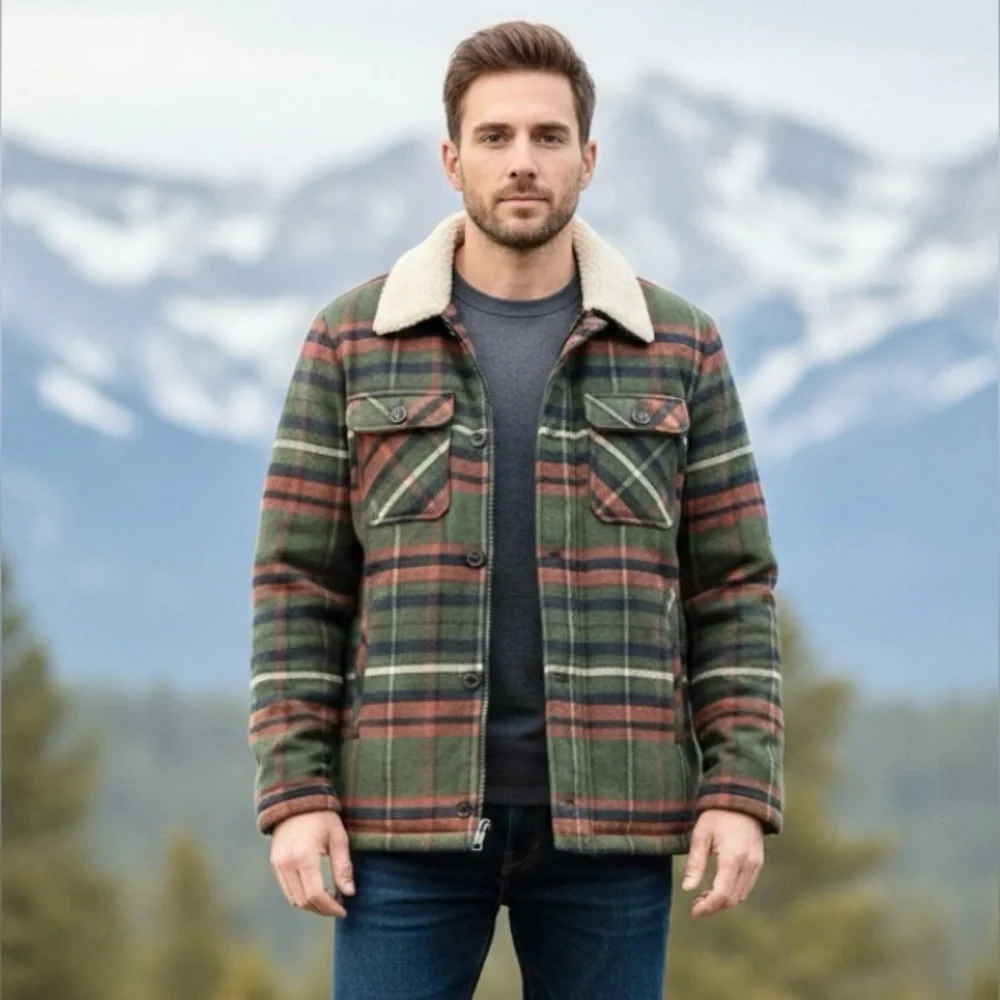 Men’s Sherpa Lined Plaid Flannel Jacket Rainforest Medium M